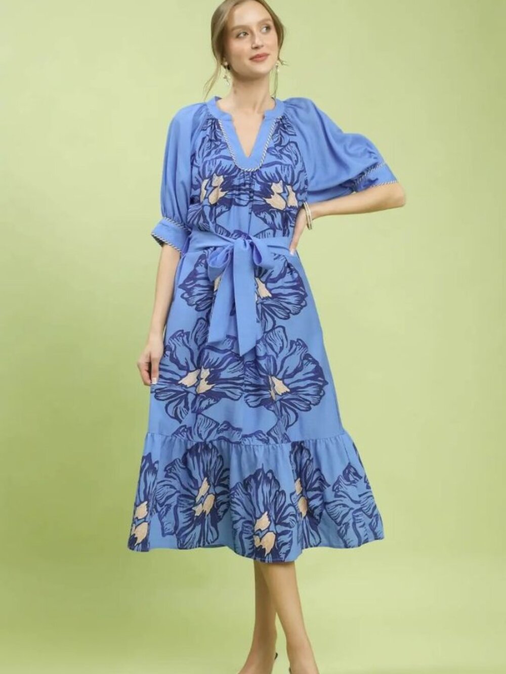 Umgee Floral Belted Midi Dress Boho Ruffle Hem Pockets S M L🛍️🆕